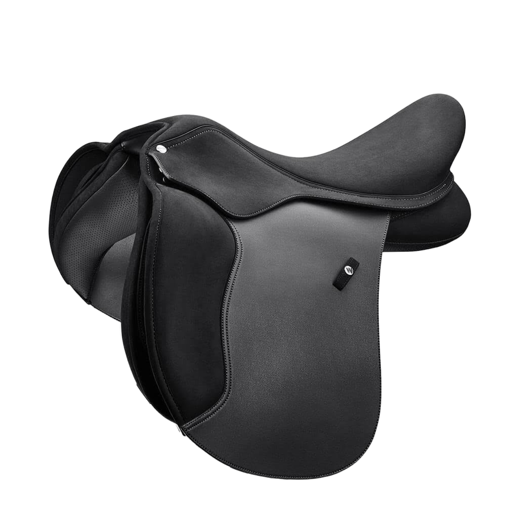 A black Wintec 2000 Wide All Purpose Hart Saddle by Wintec on a white background.