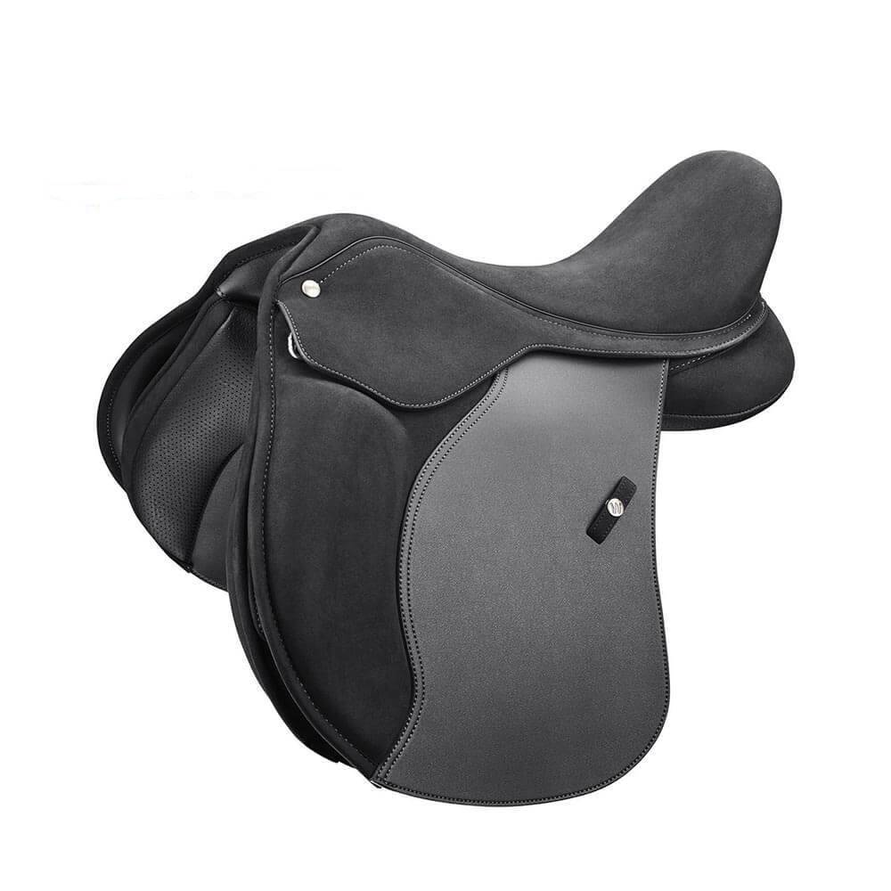 Black and gray Wintec 2000 Pony All Purpose HART Saddle for English riding on white background.