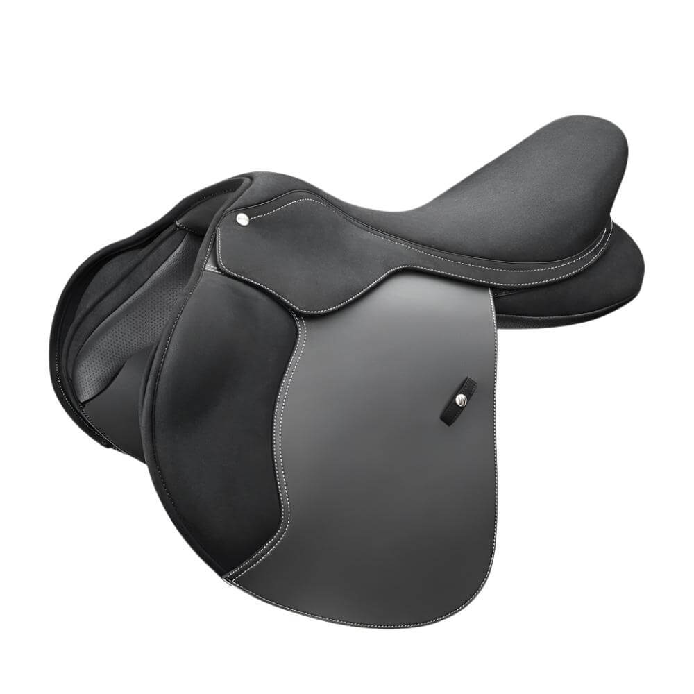 Wintec Pro Jump Hart Saddle by Wintec, in black with white stitching and deep seat, angled side view.