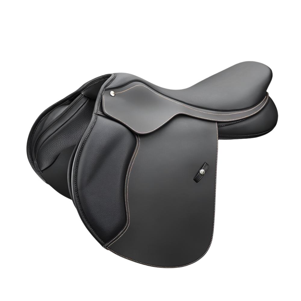 Black Wintec 500 Close Contact Hart Saddle with light stitching, top view.