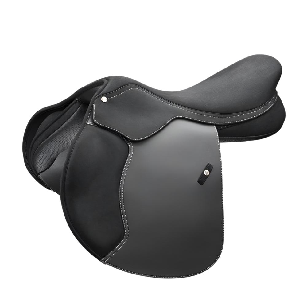 Black Wintec Pro Close Contact Hart Saddle with white stitching on a white background.