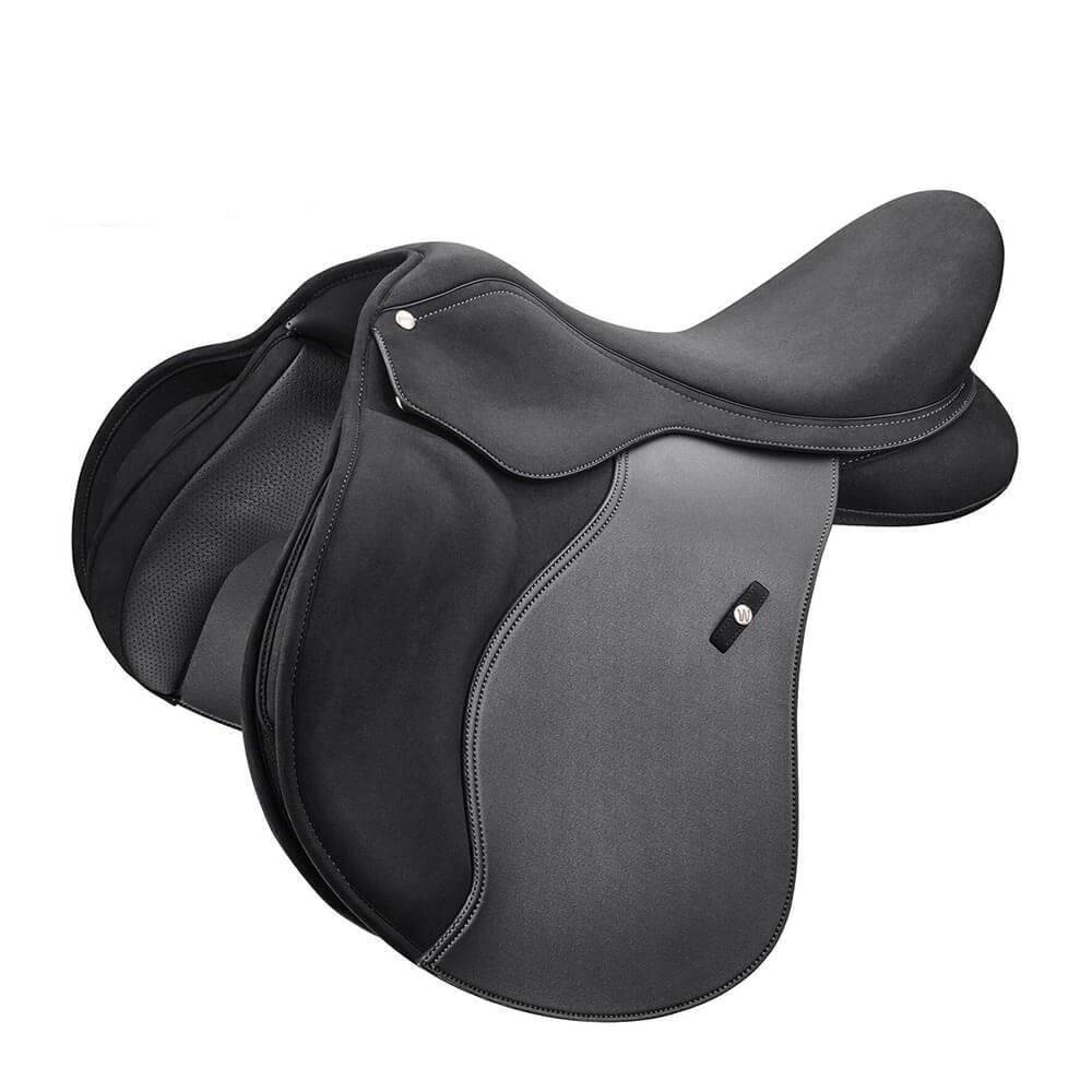 Black and gray Wintec 2000 All Purpose Hart Saddle with white stitching, side view.