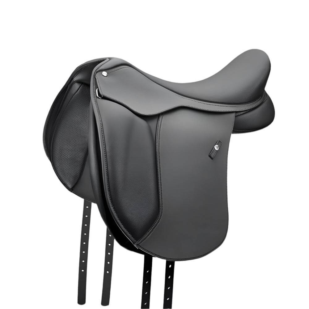 Wintec 500 Pony Dressage Hart Saddle by Wintec, black with deep seat and long flaps, side view.