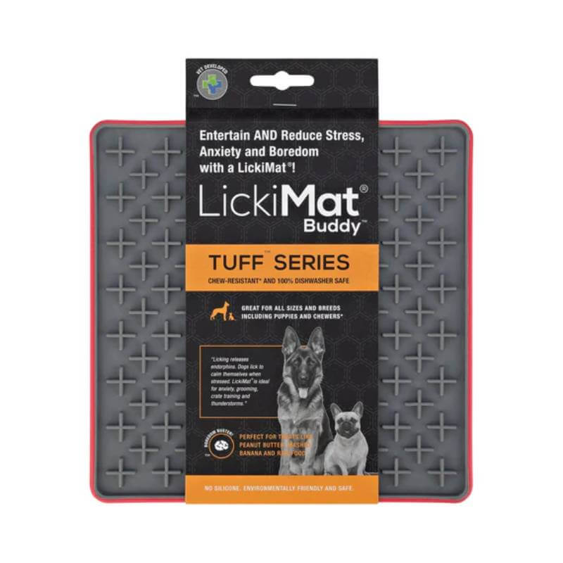 LickiMat Tuff Buddy by LickiMat: grey dog licking mat for anxiety relief.