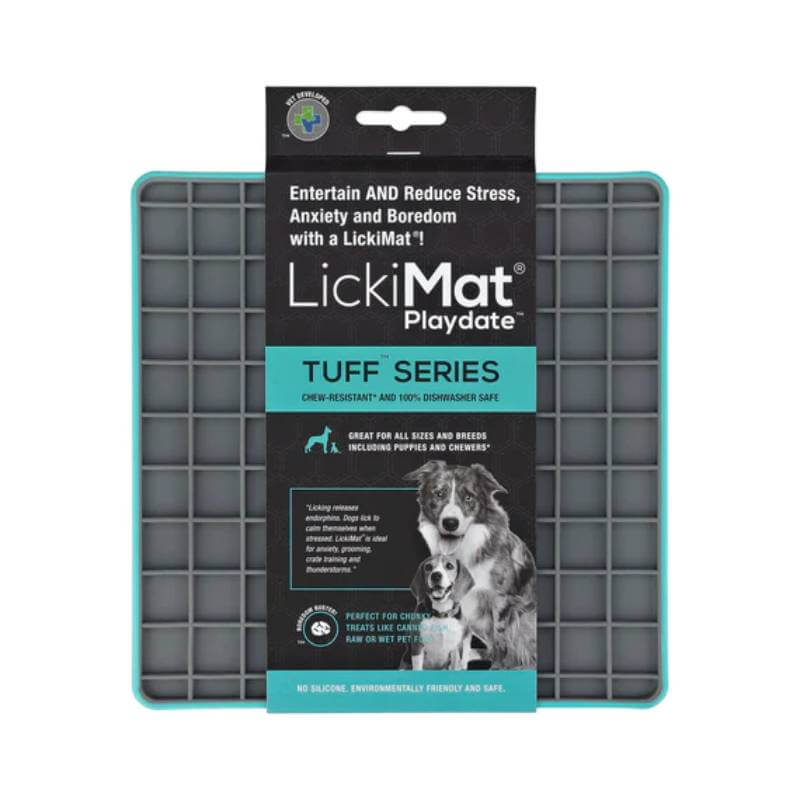 LickiMat Playdate Deluxe dog treat mat by LickiMat with packaging showing anxiety relief info.