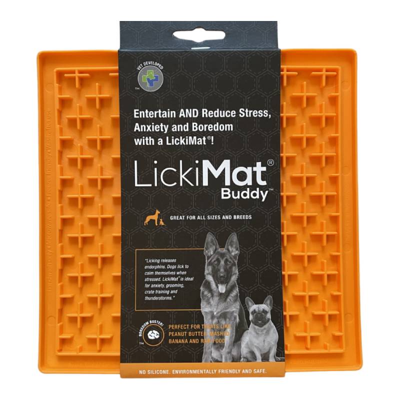 LickiMat Buddy Treat Mate by LickiMat features a dog and cat on its orange packaging.