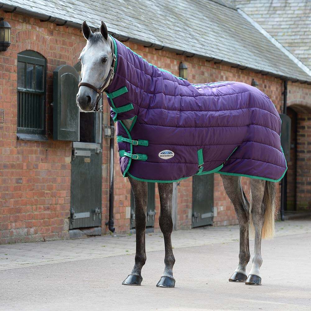 Gray horse in a Weatherbeeta Comfitec 210D Combo Medium stands by a brick stable on a path.