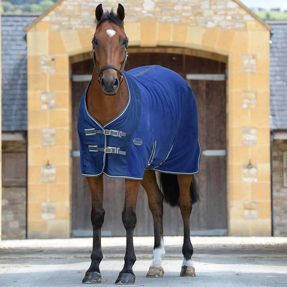 A horse wears a Weatherbeeta Fleece Cooler Standard Neck before a stone building with an archway.
