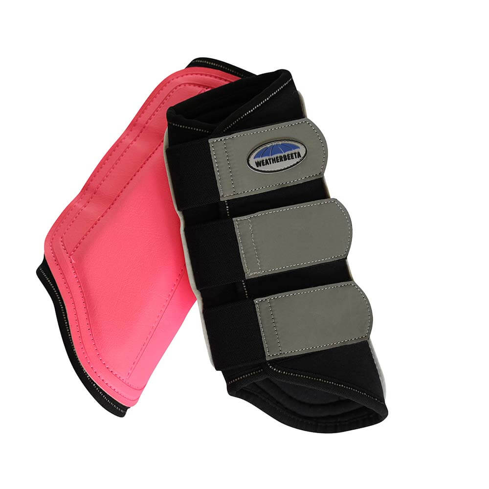 Two Weatherbeeta Reflective Brushing Boots, pink/silver, side by side.