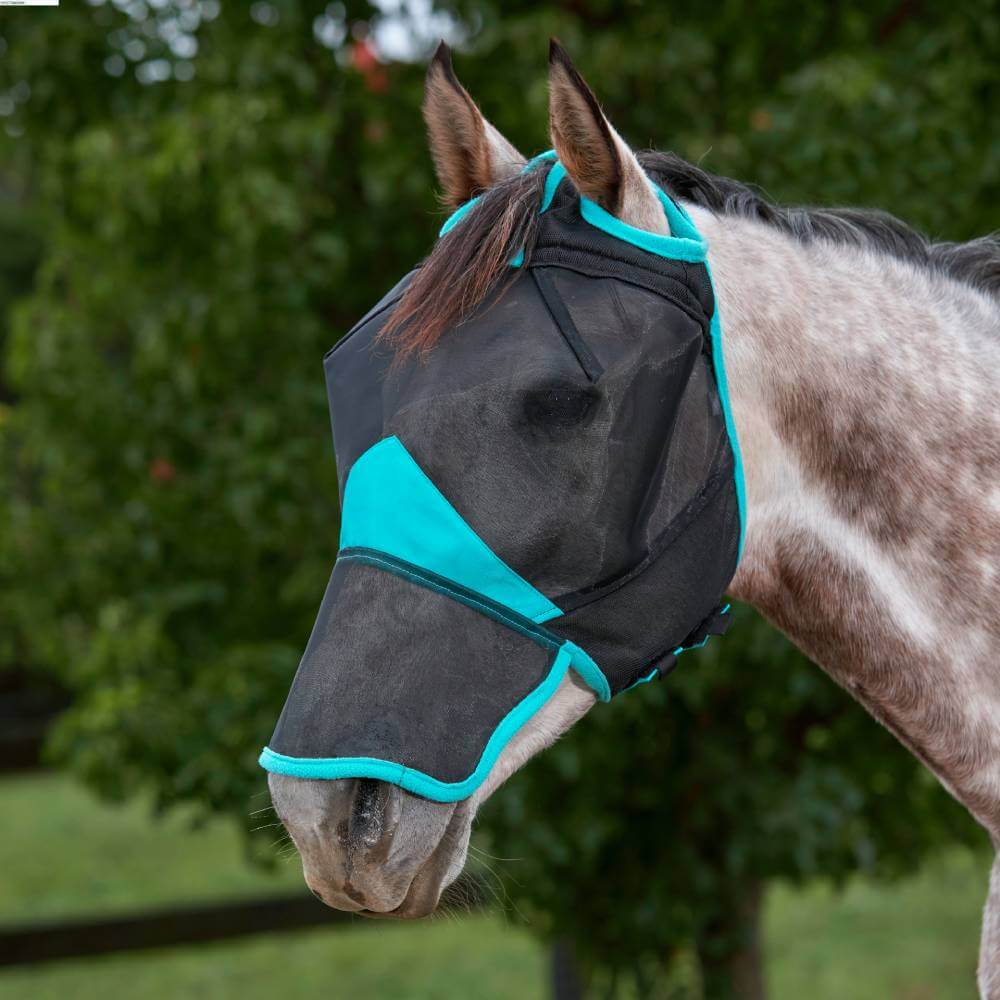 A horse wears a Weatherbeeta Comfitec Deluxe Fine Mesh Mask With Nose outdoors in greenery.