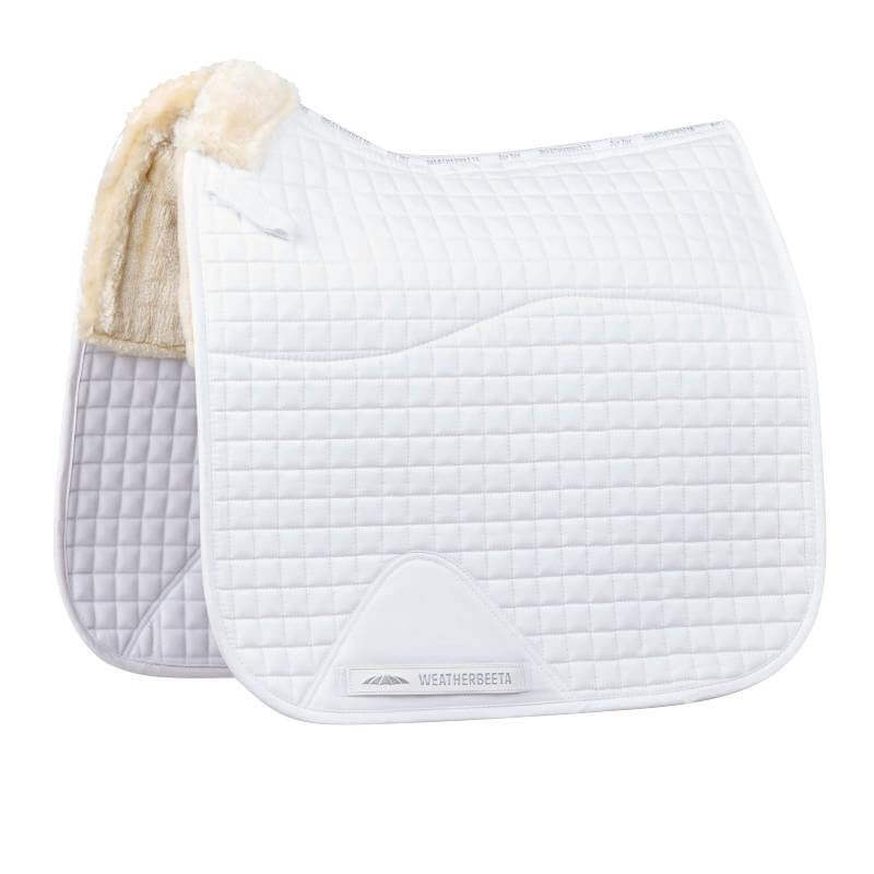 Weatherbeeta Prime Comfy Fleece Dressage Saddle Pad White with fleece lining on top edge.