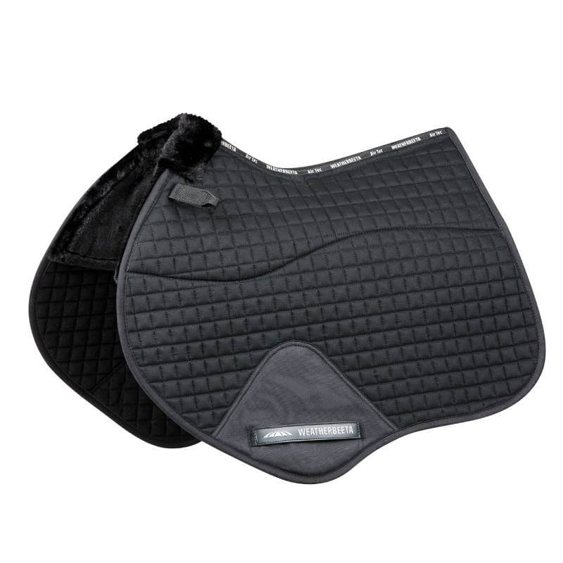 Weatherbeeta Prime Comfy Fleece Jump Shaped Saddle Pad in black with quilted, fleece-lined edge.