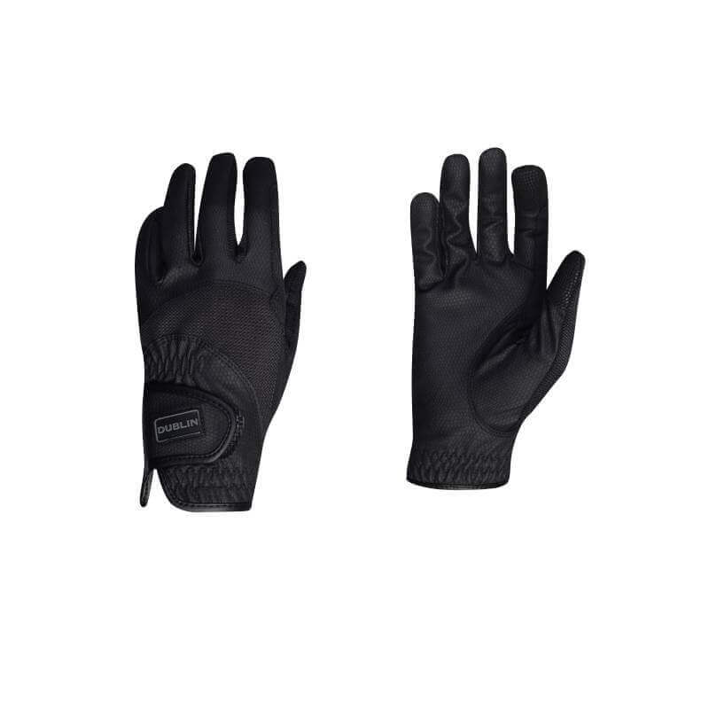 Dublin Mesh Panel Riding Gloves Black, one palm side mesh, one back view shown.