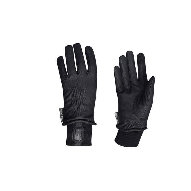 Dublin Synthetic Leather Thinsulate Waterproof Gloves in black, palm up and down on white.