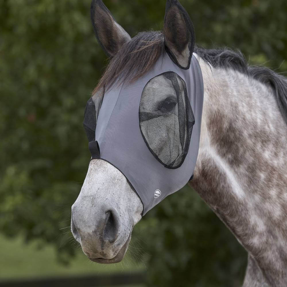 Gray horse wears Weatherbeeta Deluxe Stretch Bug Eye Saver with Ears in Grey/Black.