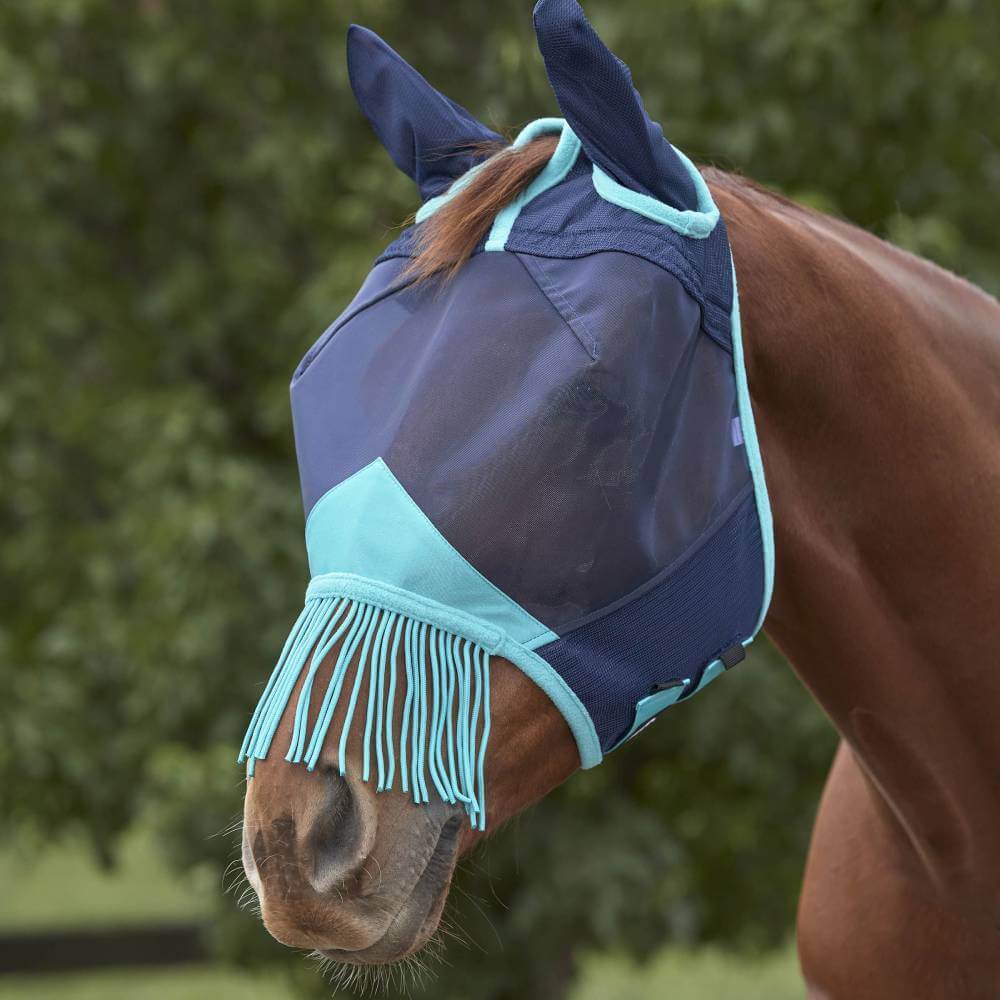 Weatherbeeta Comfitec Deluxe Fine Mesh Mask with Ears &amp; Tassels Navy/Turquoise