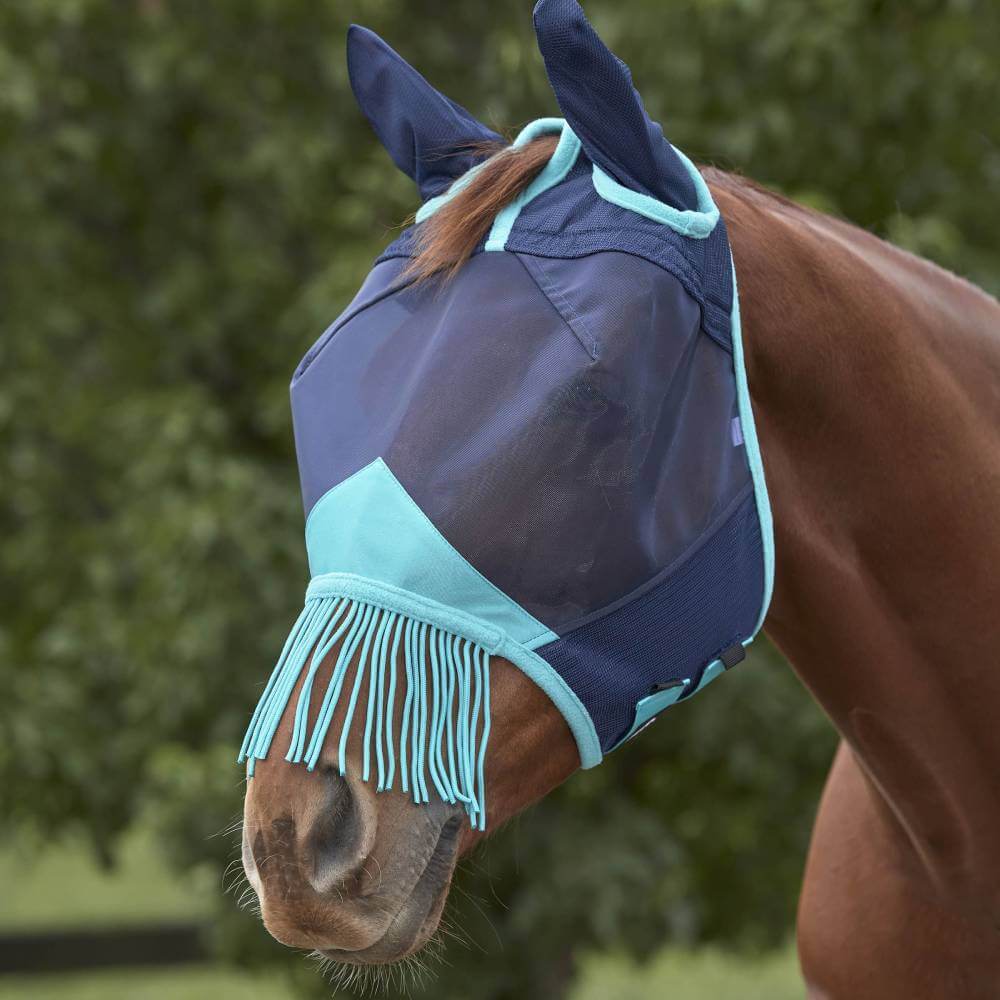 A horse wears a Weatherbeeta Comfitec Deluxe Fine Mesh Mask with Ears &amp; Tassels outside.