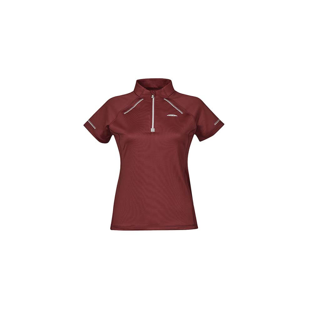 Maroon Weatherbeeta Victoria Premium short sleeve top with front zipper, logo, and UPF50+.