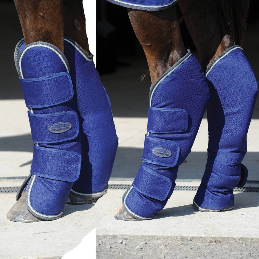 A horse in Weatherbeeta 1200D Wide Tab Long Travel Boots Dark Blue/Grey/White stands on concrete.
