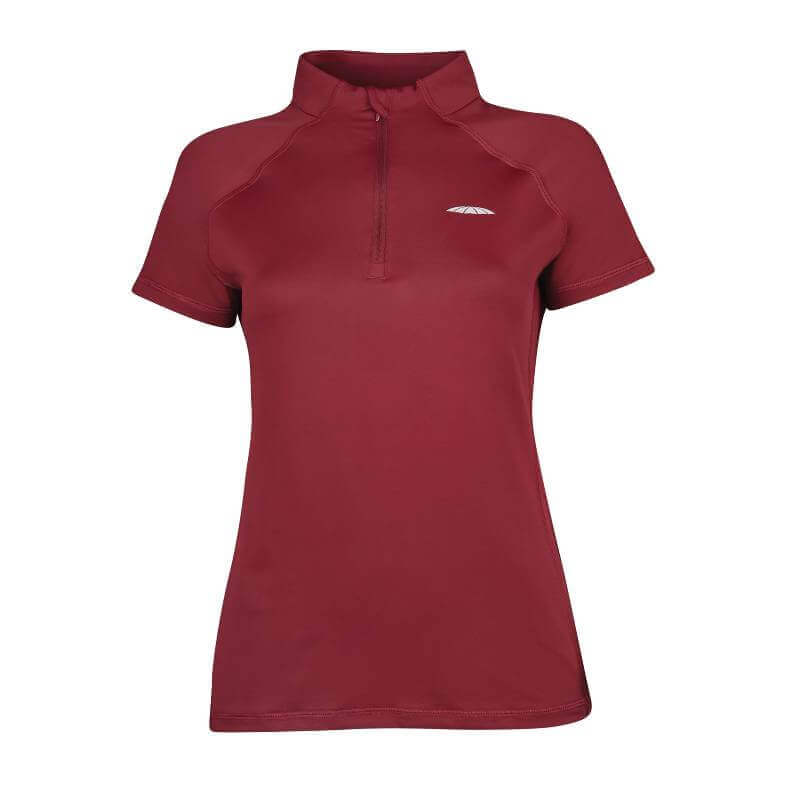 Weatherbeeta Prime Maroon short sleeve top with zip collar, chest logo, and moisture control.