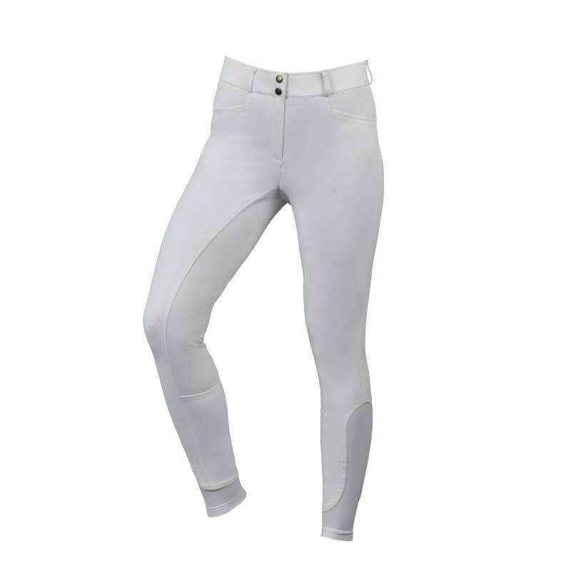 Weatherbeeta Duet Full Seat Breeches White with knee patches, pockets, and belt loops.
