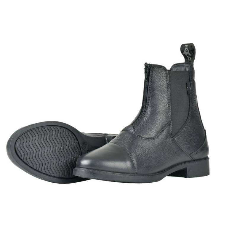 A pair of Saxon Allyn Zip Paddock Boots Adult Black—one upright, one on its side.