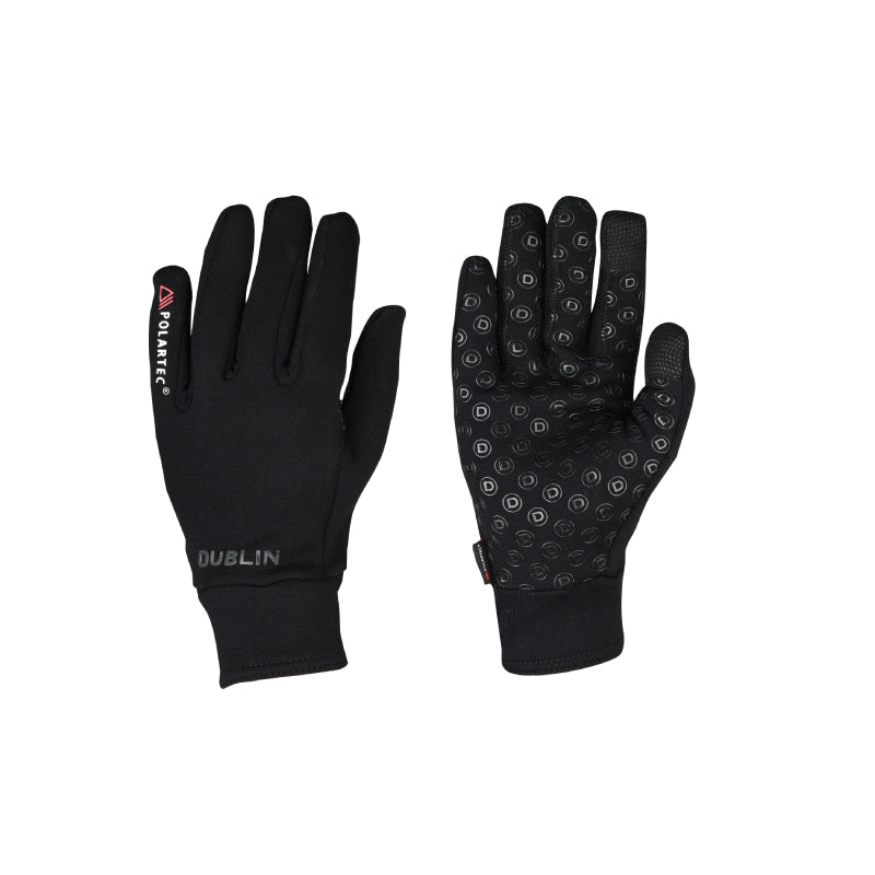 Dublin Polartec Fleece Riding Gloves in black, one palm with grip dots, one showing the back.