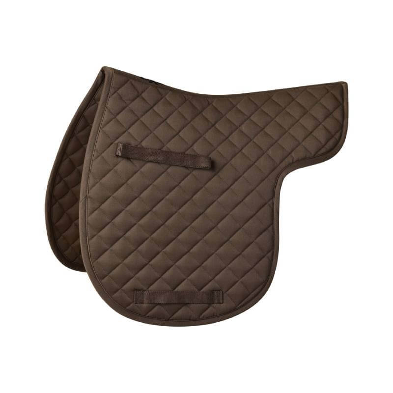 Saxon Defiant All Purpose Numnah in brown quilted polycotton with straps on white background.