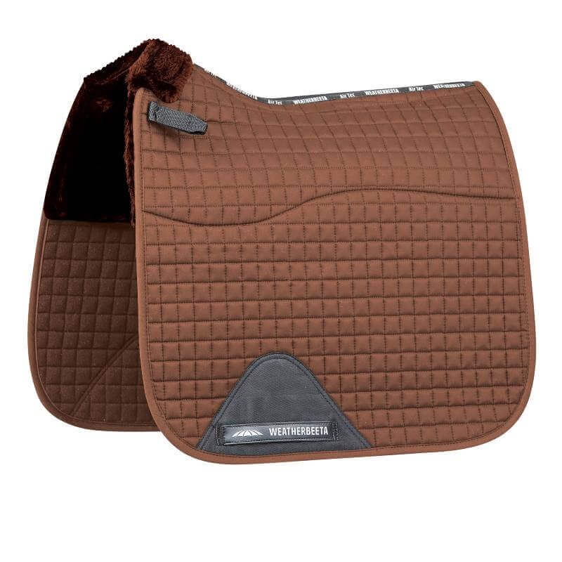 Weatherbeeta Prime Comfy Fleece Dressage Saddle Pad in brown with black corner patch.