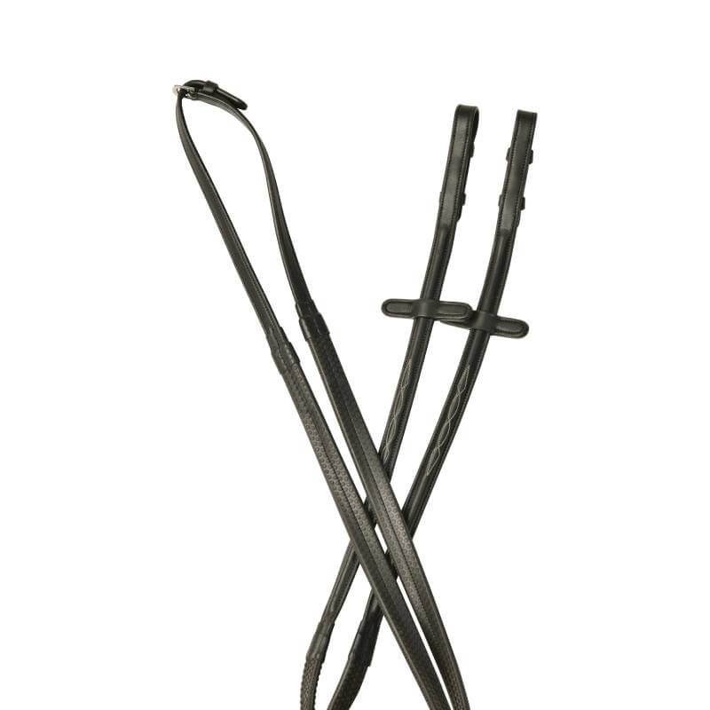 Collegiate Comfitec Opulux black 54" rubber grip reins, crossed on a white background.
