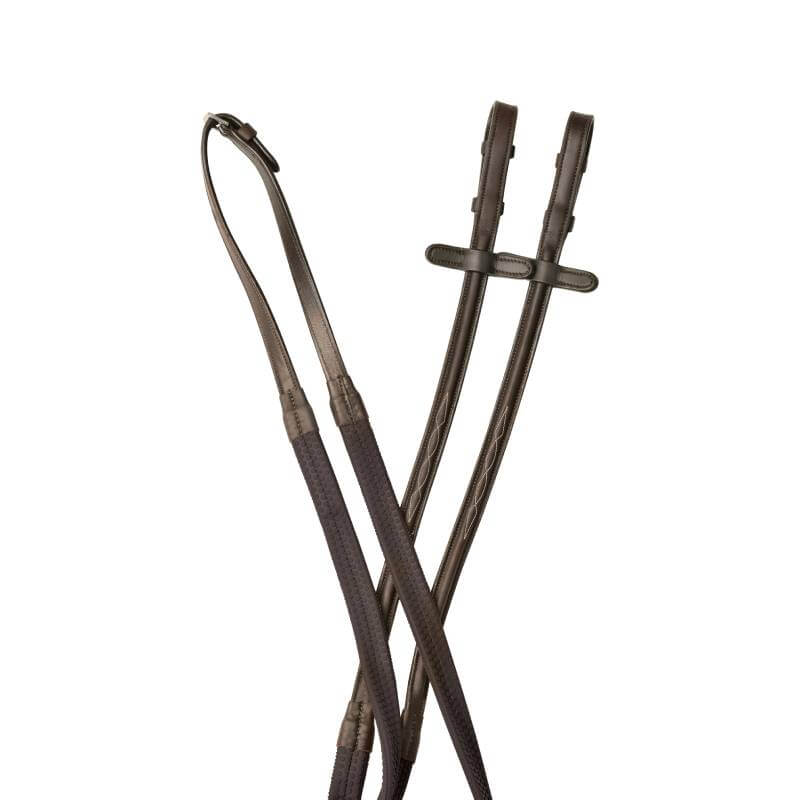 Collegiate Opulux Fancy Raised Rubber Reins, Dark Brown 54", shown on white background.