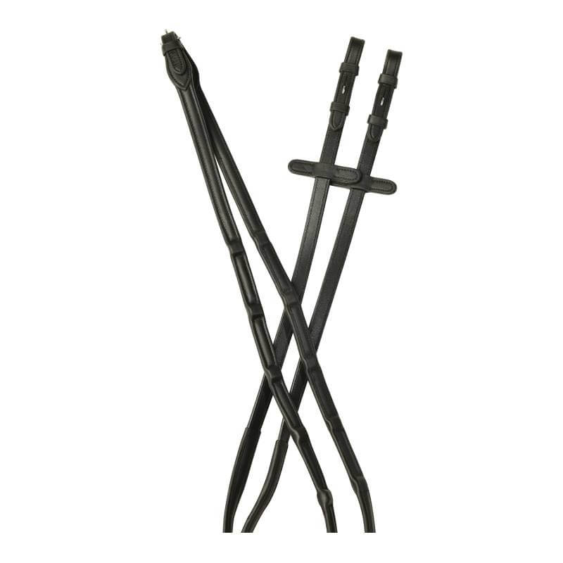 Collegiate Comfitec Opulux Leather Reins Black 54"—raised grip, buckle ends, quality horse tack.