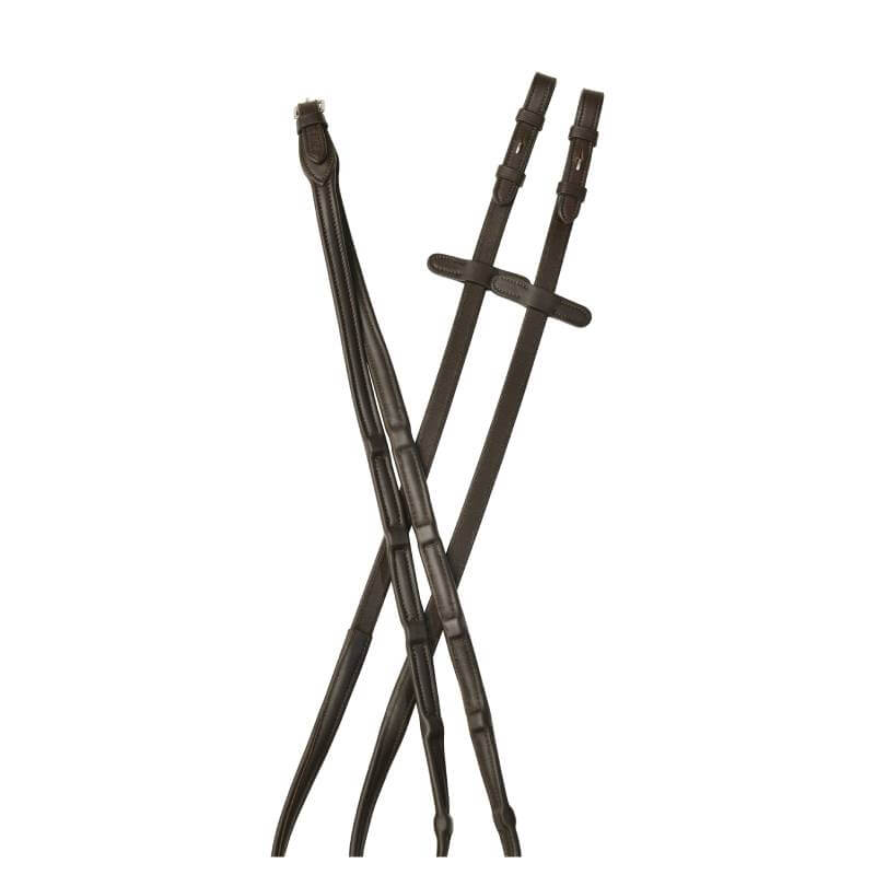 Collegiate ComFiTec Opulux Leather Reins 54", dark brown—ideal bridle accessory for horses.