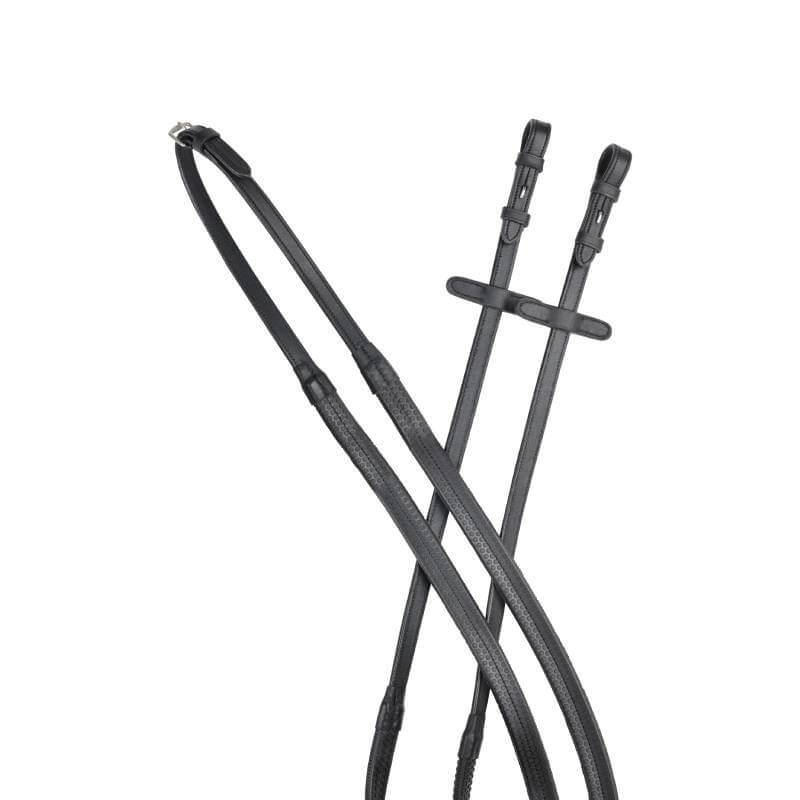 Collegiate Comfitec Opulux Plain Flat Rubber Reins Black 54" shown on a white background.