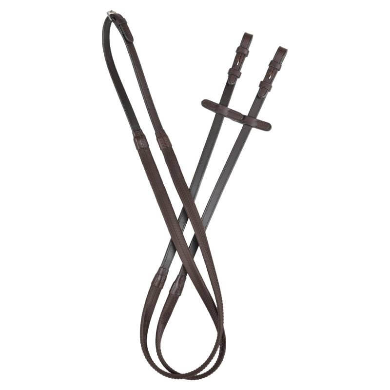 Collegiate Comfitec Opulux plain flat dark brown rubber reins, 54", shown on white background.