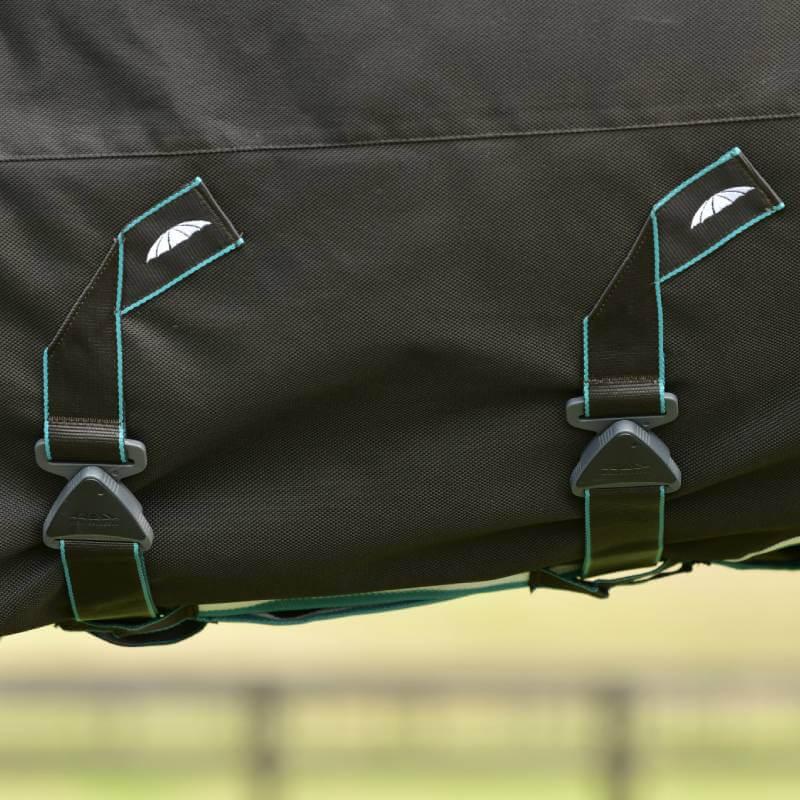 Close-up of buckles and straps on a Weatherbeeta Comfitec Ultra Comfi Detach-A-Neck blanket.