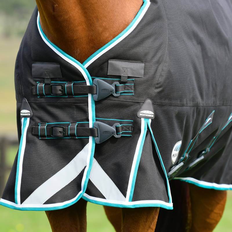 Brown horse in a Weatherbeeta Comfitec Ultra Comfi rug, charcoal/teal blue/white.