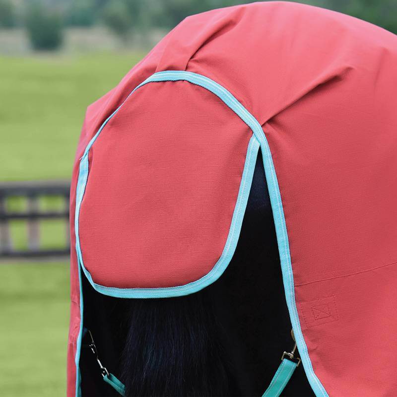 A horse outdoors in a Weatherbeeta Comfitec Essential Standard Neck Lite Plus Red/Blue/Beige rug.