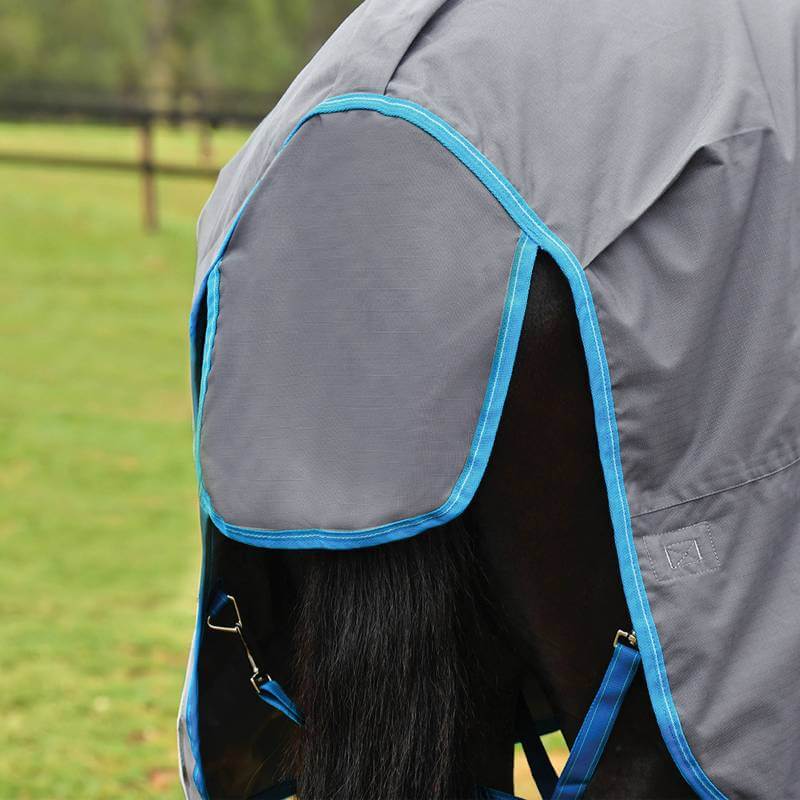 Close-up of a horse in a Weatherbeeta Comfitec Classic Lite Plus blanket in a grassy field.