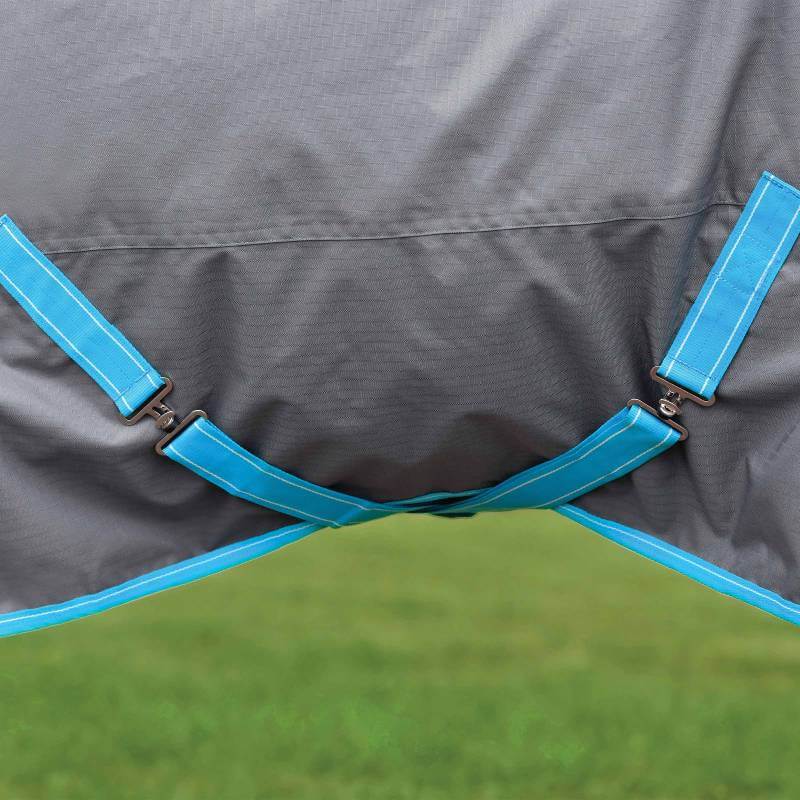 Close-up of blue buckles on a Weatherbeeta Comfitec Classic Standard Neck Lite Plus blanket.