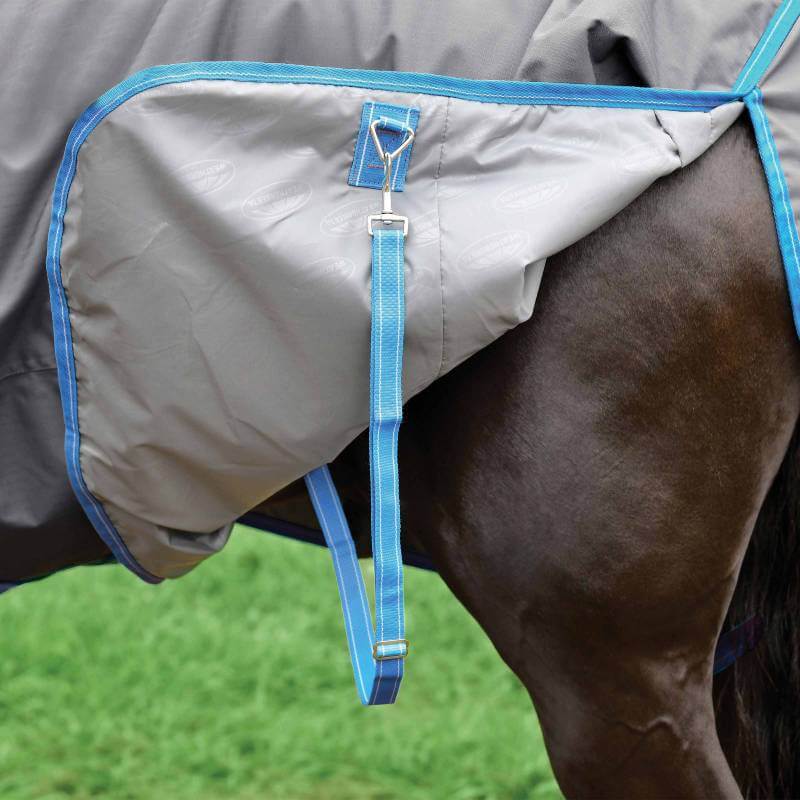 Weatherbeeta Comfitec Classic horse blanket in grey/blue/white covers a horse on green grass.