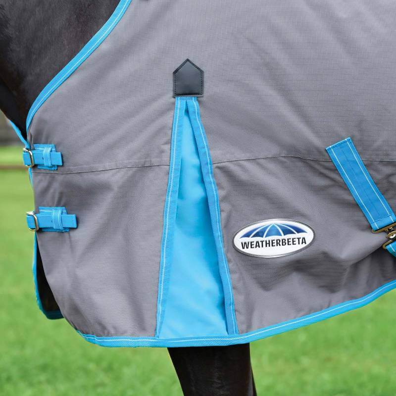 Close-up of a Weatherbeeta Comfitec Classic Lite Plus in grey/bright blue/white on a horse.