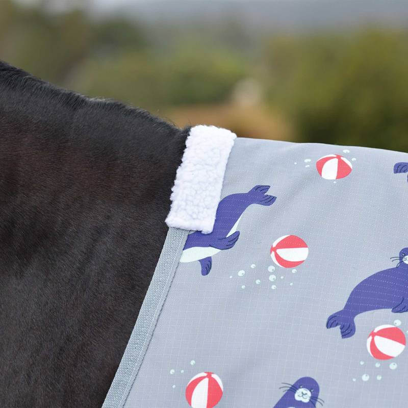Dark horse in Weatherbeeta Comfitec Tyro Lite Plus rug with seal print.