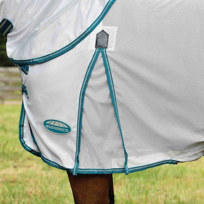Close-up of a horse in a Weatherbeeta Comfitec Zephyr Plus Mesh Combo Neck in Silver/Teal Green.