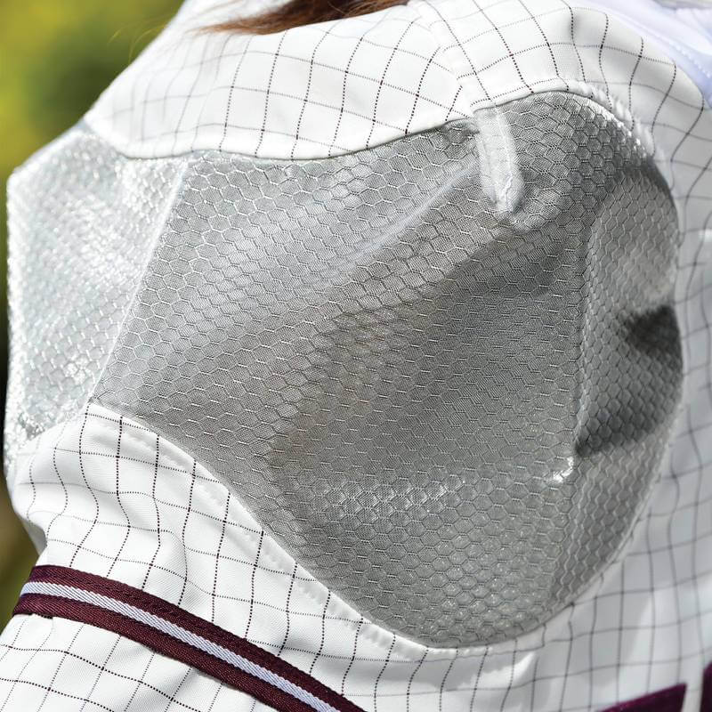 Close-up of Weatherbeeta Hybrid Seasons Fly Mask in white/maroon with mesh and UV protection.