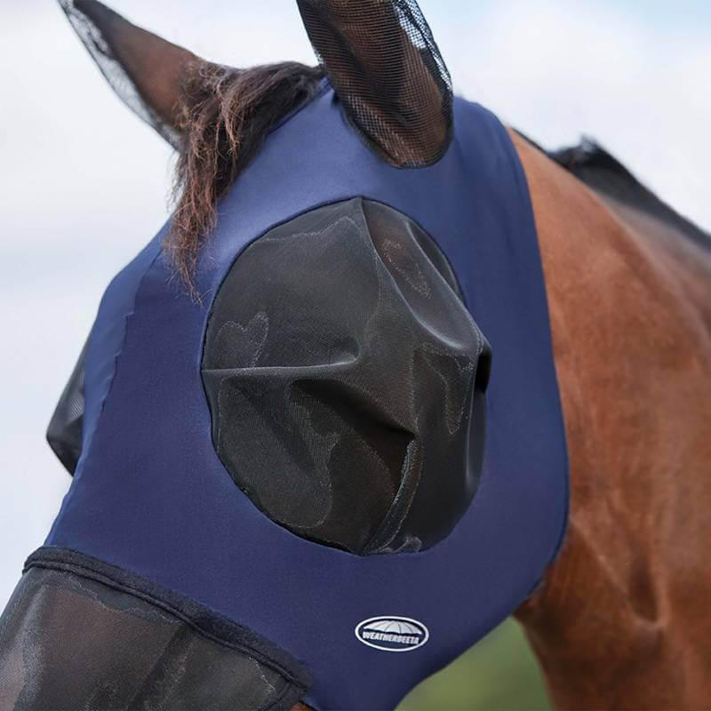Close-up of a horse wearing the Weatherbeeta Comfitec Luxe Bug Eye Saver Navy/Black fly mask.