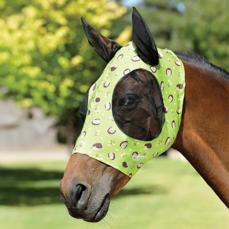 A horse wears the Weatherbeeta Stretch Bug Eye Saver with Ears, Hedgehogs &amp; Flowers print.