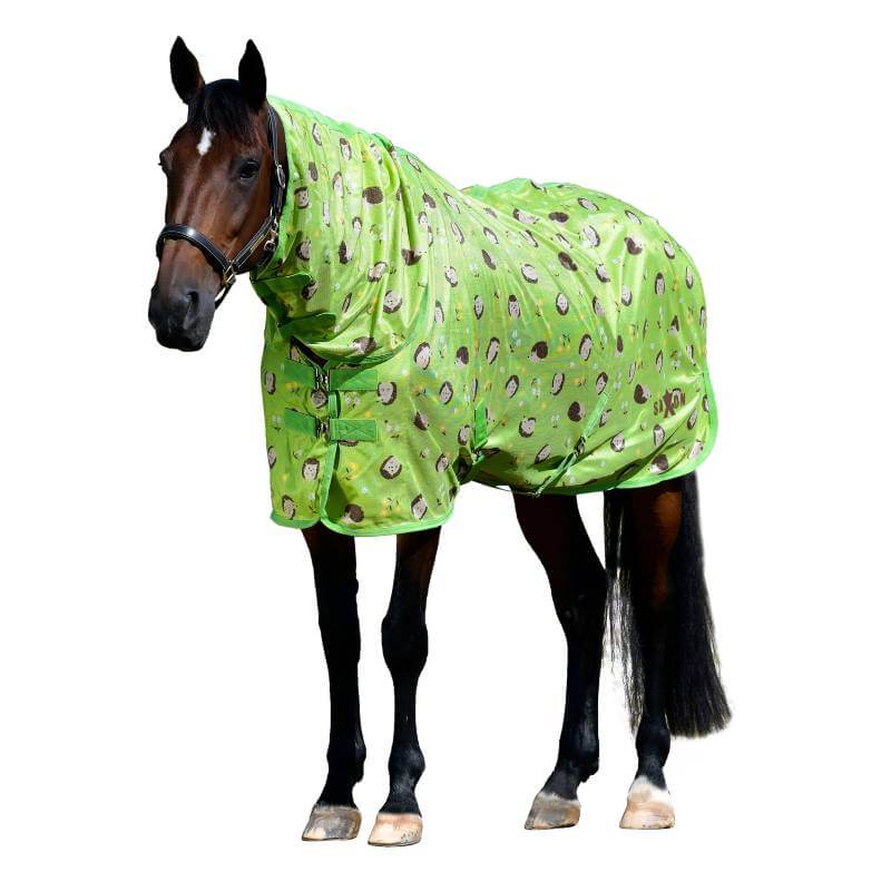 A horse in a Saxon Mesh Combo Neck rug, Hedgehogs & Flowers print, facing forward.