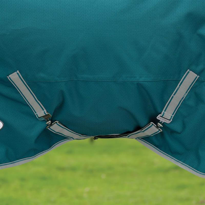Close-up of Weatherbeeta Comfitec Plus Dynamic II Lite Teal Green rug on grass.