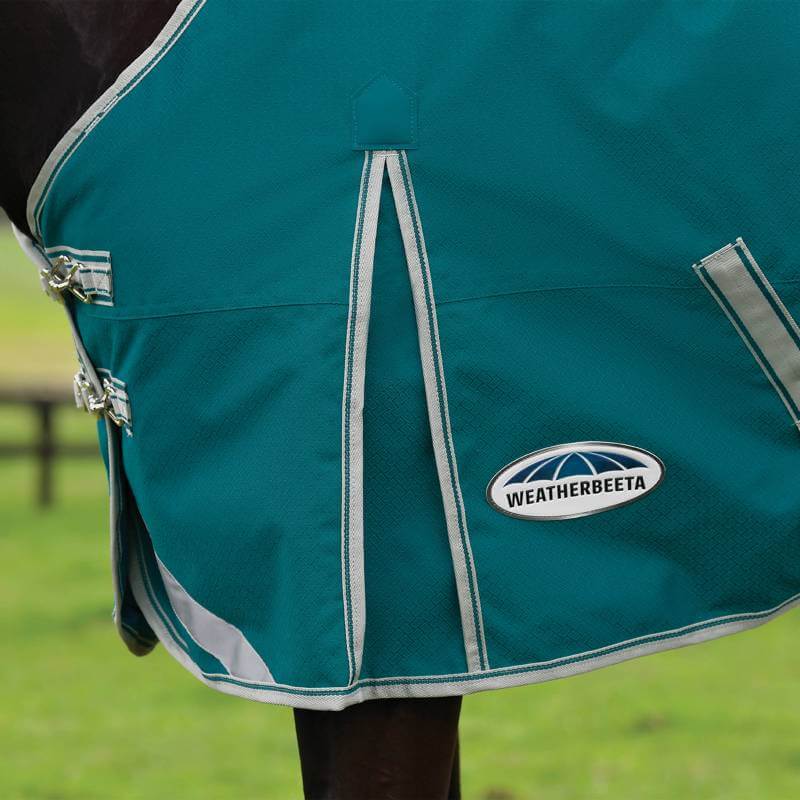 Close-up of a Weatherbeeta Comfitec Plus Dynamic II Detach-A-Neck Lite in teal/stone.
